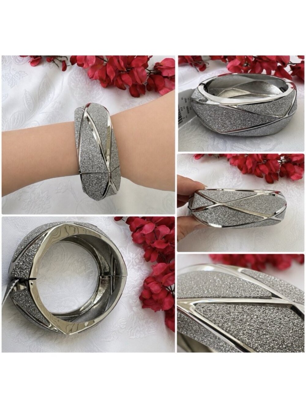 Express Stackable Wide Bangle Silver-Tone Pave Rhinestone Shimmer Bracelet NEW